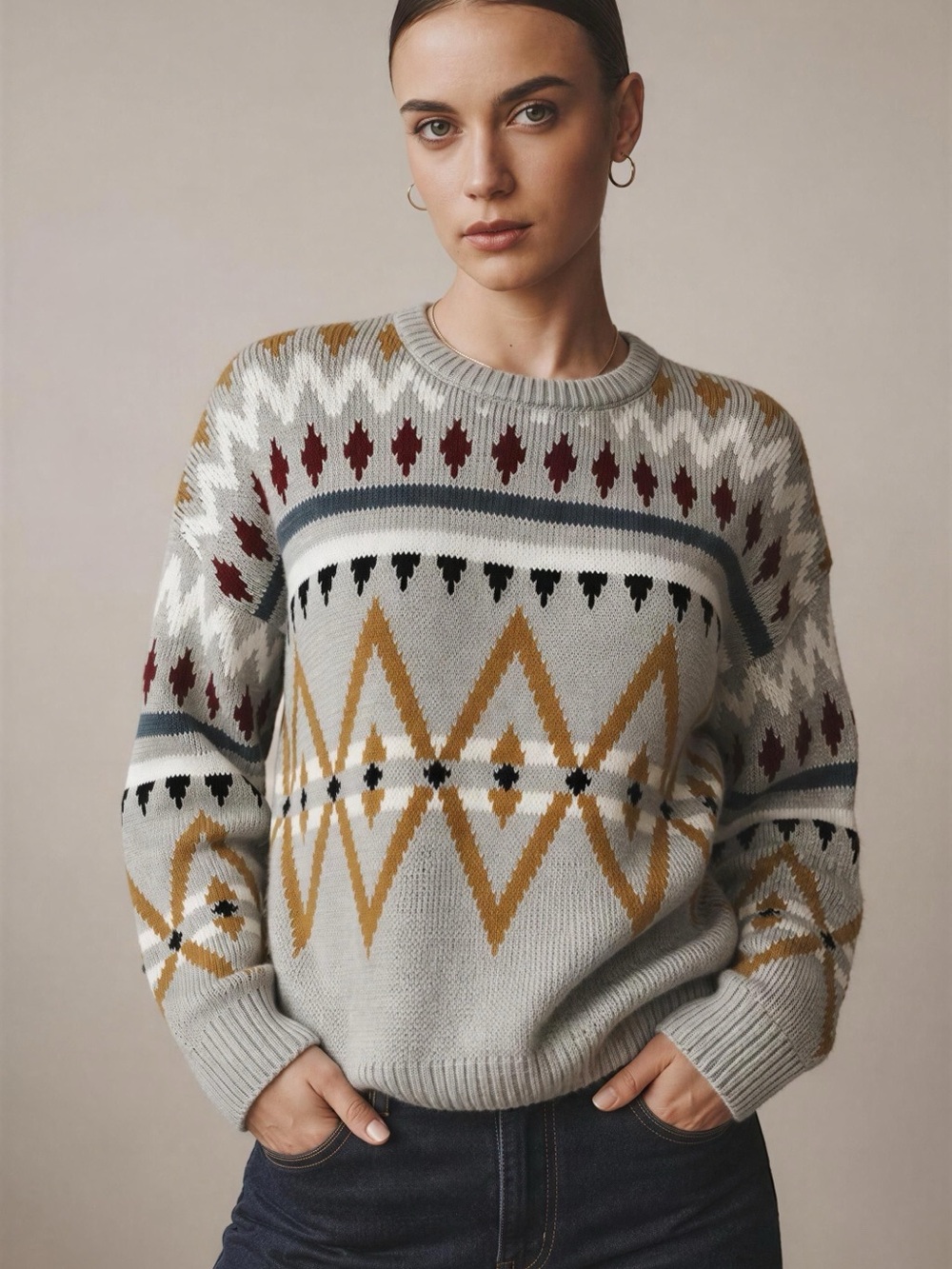 Pink Rose Geometric Crewneck Sweater in Light Gray, Mustard & Burgundy